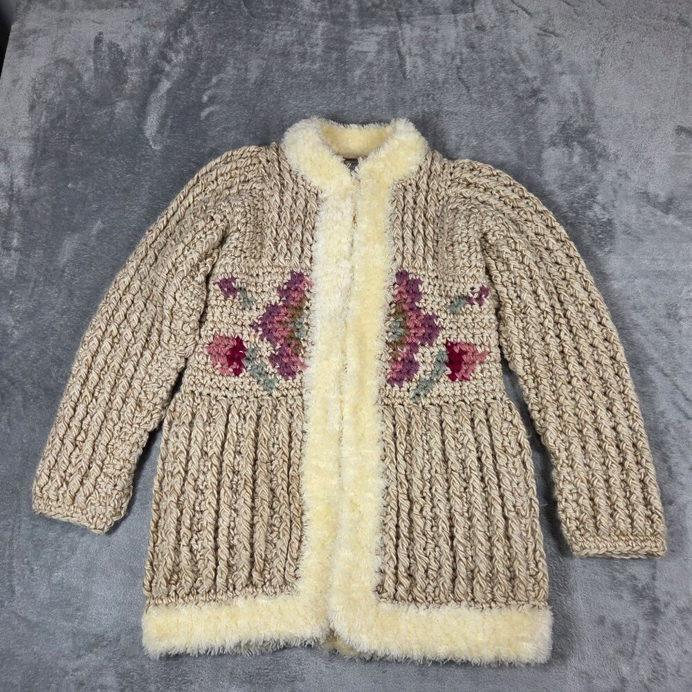 Vintage Cardigan Womens Small Beige Chunky Floral Crochet Boho Hippie 70s 80s